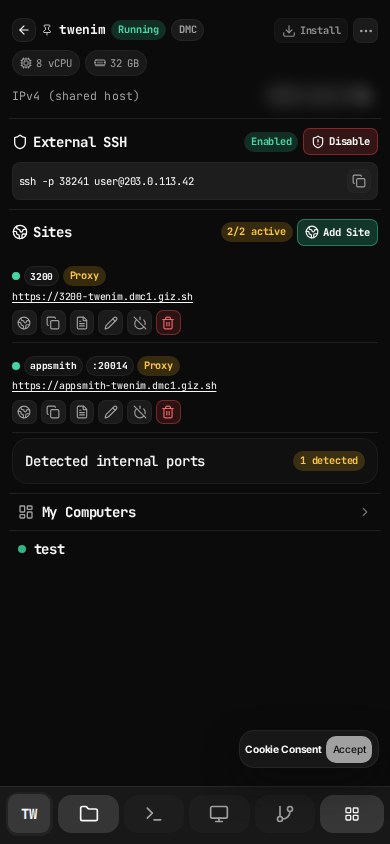 SSH, active sites, and machine switching stay together.